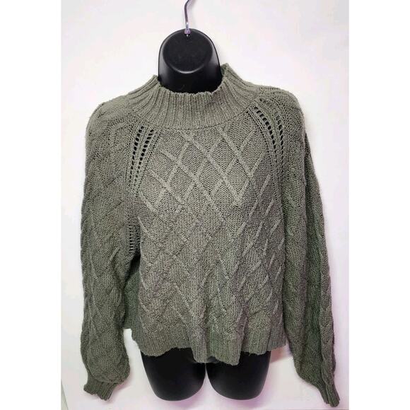 American Eagle Women’s XL Sweater Olive Green Cable Knit Diamond Crop Mock Neck - Picture 3 of 15